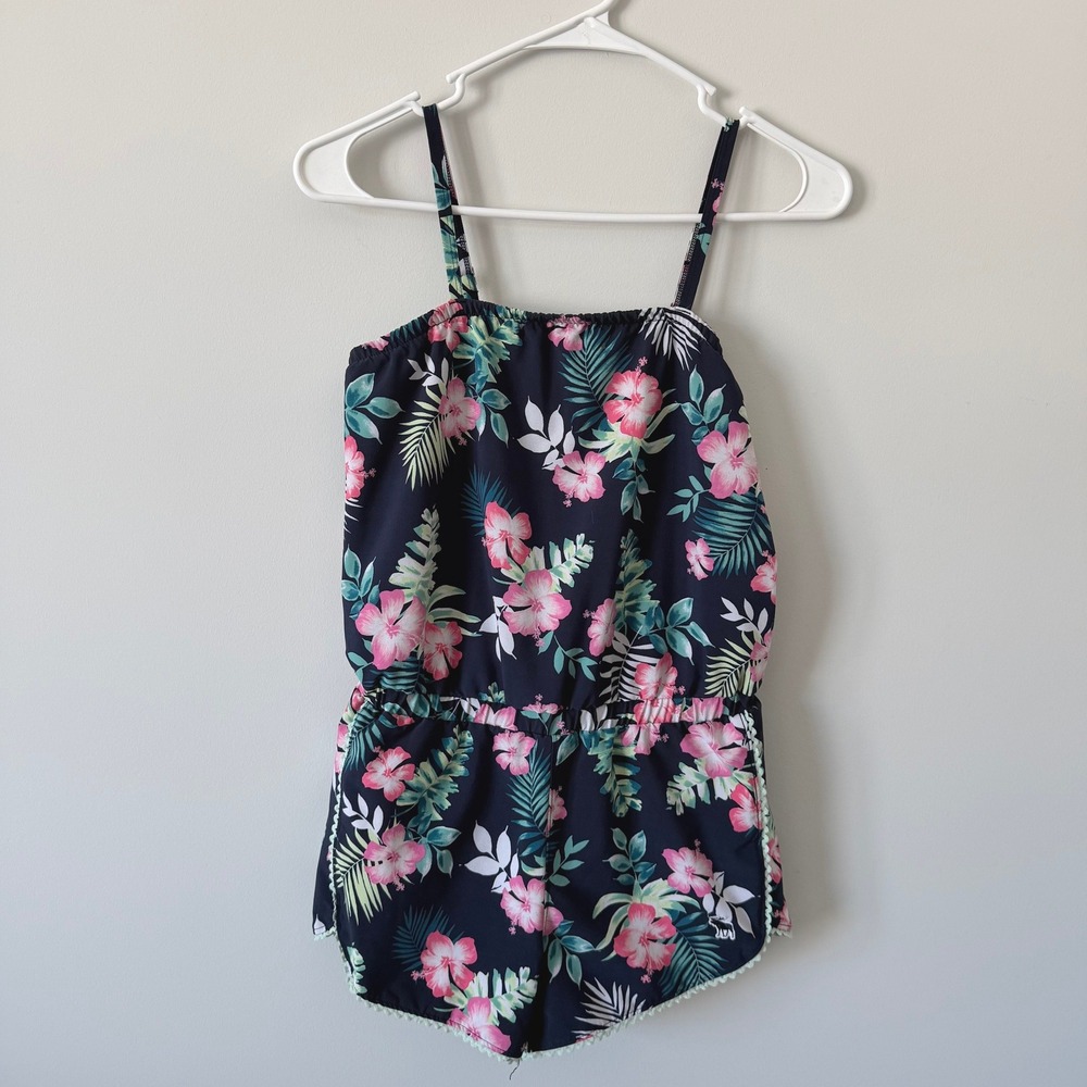 Abercrombie Kids Girls Navy Tropical Hibiscus Pool to Play Romper Swimsuit 11/12